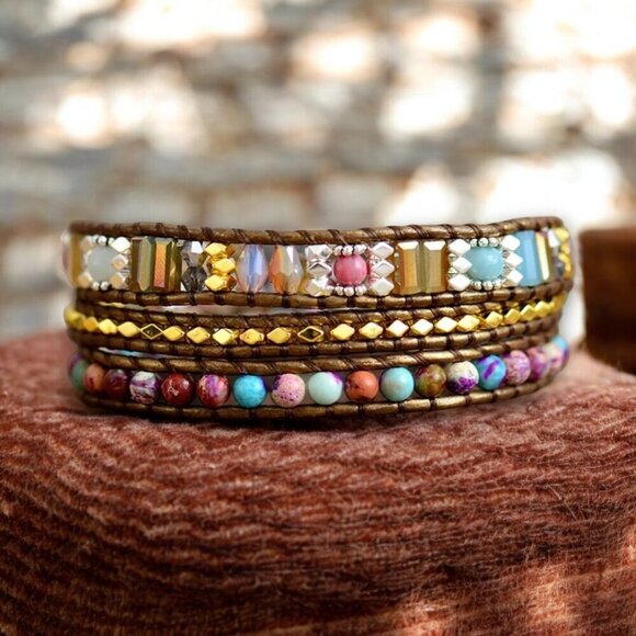 Bohemian Bliss Natural Jasper & Crystal Vegan Leather Handmade Wrapโ Bracelet - Picture 1 of 13